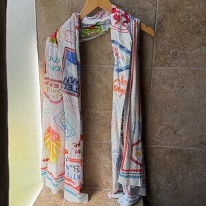 Vismaya Sarong Travel Scarf 40 x 70” Embroidered Bon Voyage Postcard Icon Print